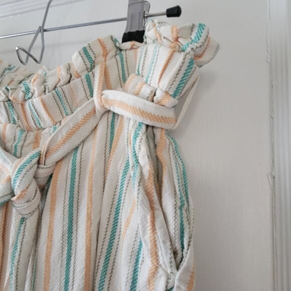 Large fever striped paper bag waist pants with belt & pockets, cream teal peach - Picture 3 of 4